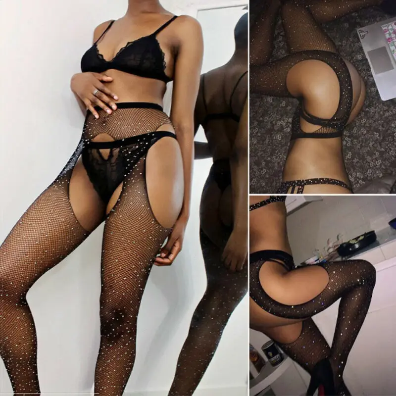 Sexy Rhinestone Mesh Fishnet Pantyhose Women Bling Tights Slim Pantyhose Open Crotch Mesh Stockings Party Club Hosiery women tights