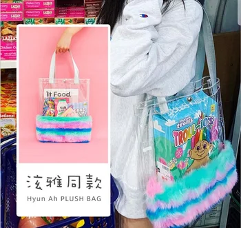 

Women PVC Transparent Hasp Handbag Large Hyun Ah Plush Bag Girl Rainbow Fur Shoulder Bag Colorful Fashion Stripe Tote
