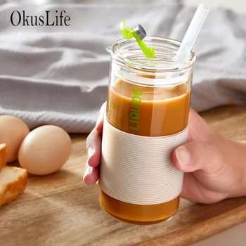 

300ml Milk Cup Travel Glass Mug Outdoor Coffee Cup Heat-Resistant Glass Scale Cup Non-slip Cover with Straw Gift Transparent Cup