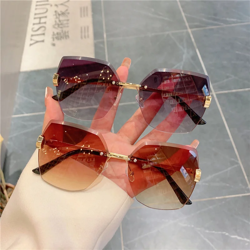 Luxury Clip Square Sunglasses For Women 2021 Fashion Retro Rimless Vintage Design Shades Sun Glasses Metal Golden Blue Glass sunglasses for women