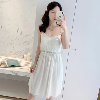 

Nightdress Women Sleep Set Nightwear Satin Sleepwear Intimate Lingerie Home Dressing Gown White Cute Lace Homewear Nightgown