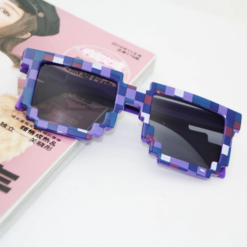 Винтажные Квадратные Солнцезащитные очки в мозаичном стиле унисекс, модные солнцезащитные очки в виде пикселя, чехол, подарок для детей - Цвет линз: 3