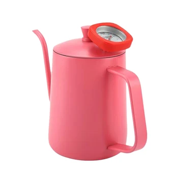 

600Ml Stainless Steel Coffee Kettle Gooseneck Spout Teapot with Thermometer (Pink)