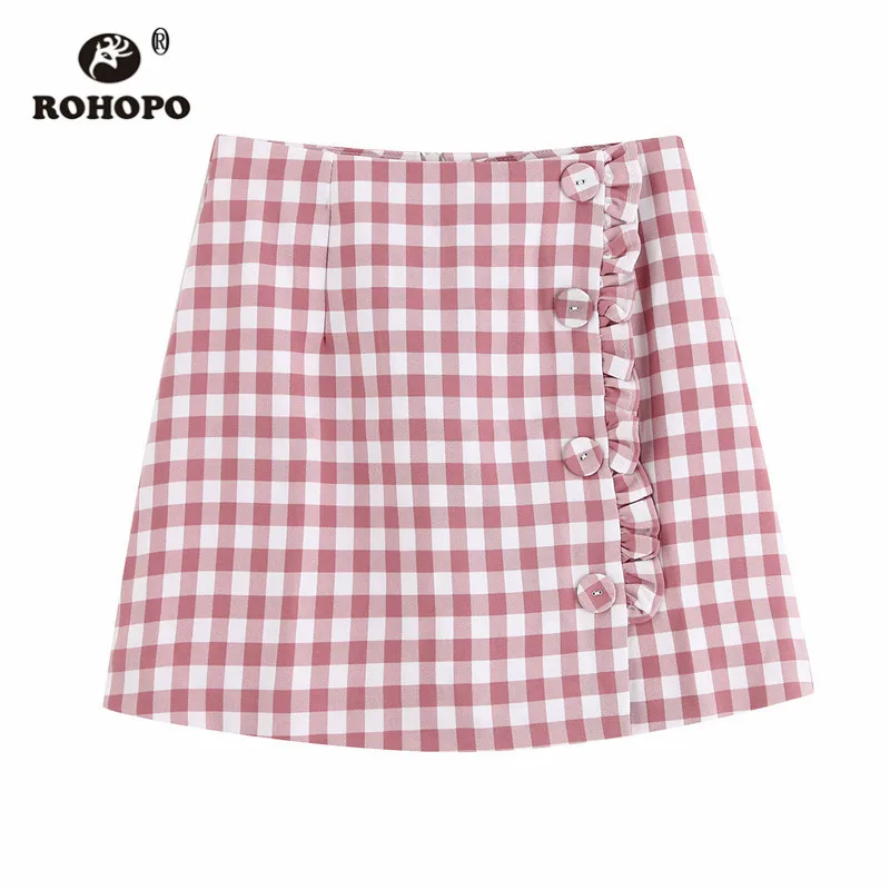 

ROHOPO White Pink Plaid Side Button Overlocked Fly Ladies Mini Skirt Double Layer Flared Autumn Preppy Girl Falda #9581