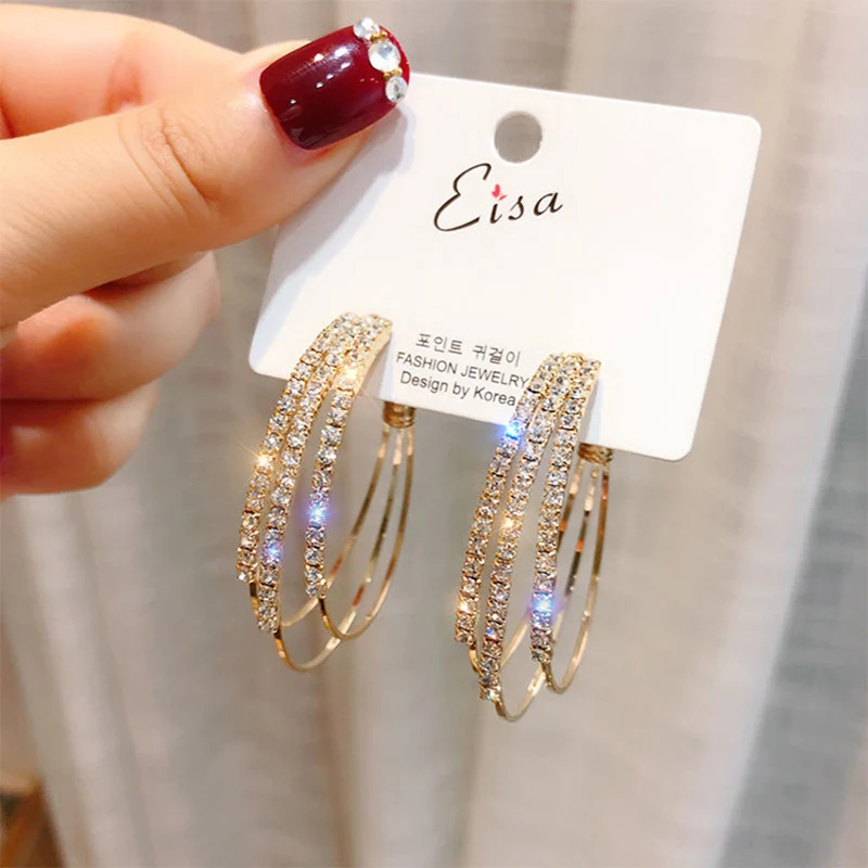 

LUBOV Fashion Women Jewelry Multilayer Round Hoop Earrings Shining Gold Silver Color Rhinestone Earrings for Wedding Party