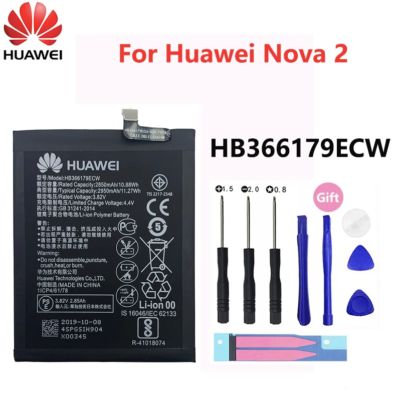 

100% Original Hua Wei Replacement Battery For Huawei Nova 2 CAZ-TL00 CAZ-AL10 Nova2 HB366179ECW Genuine Phone Battery 2950mAh