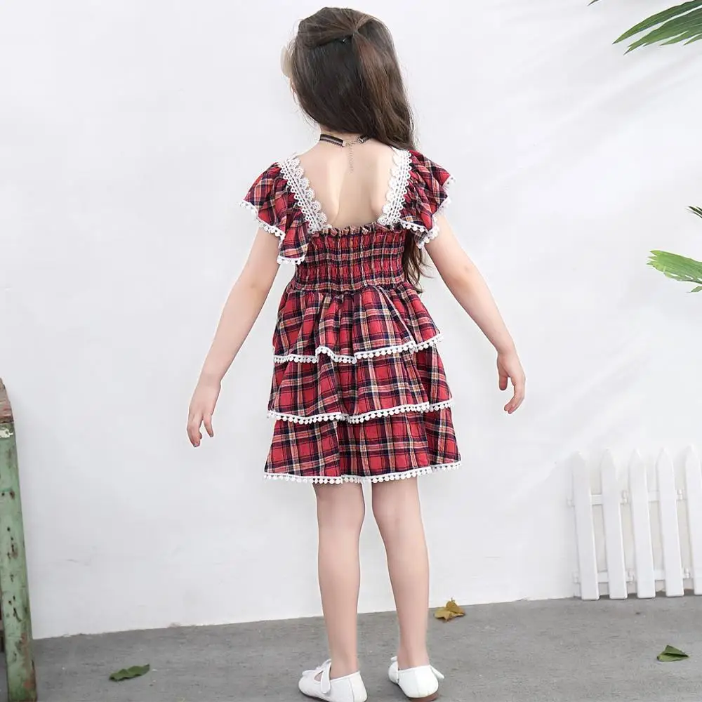 Летние платья для девочек красивое многослойное кружевное платье принцессы Пышное Платье в красную клетку с рукавами-воланами одежда для детей возрастом от 3 до 10 лет