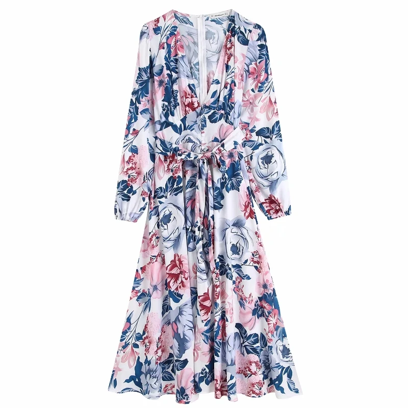 Женское Элегантное Длинное платье с глубоким v-образным вырезом и поясом