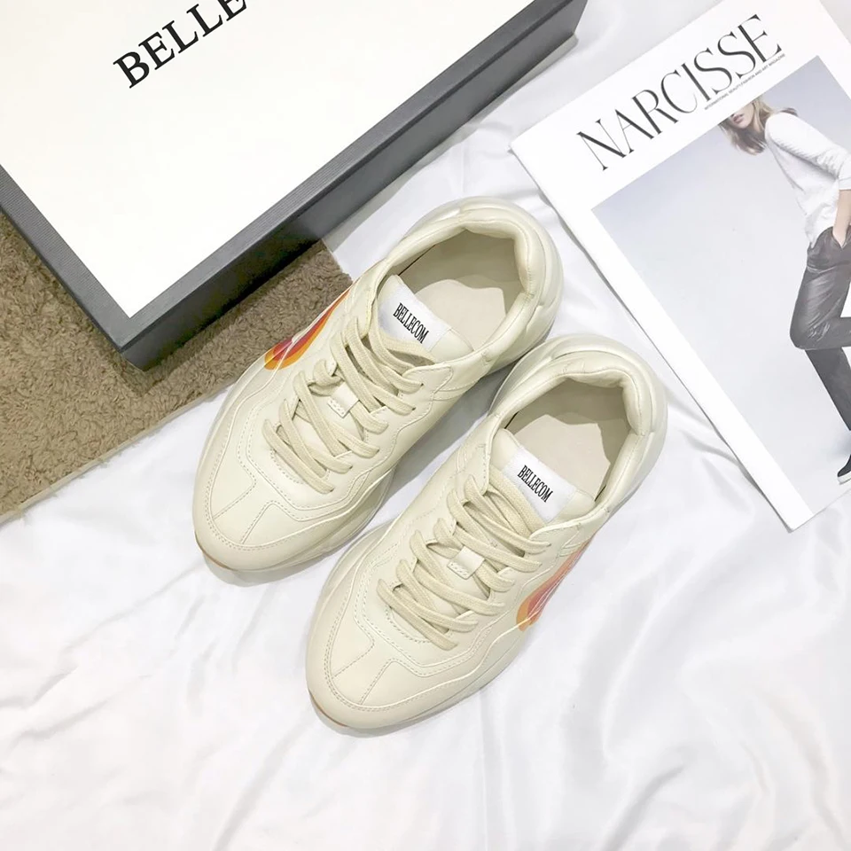 

BELLECOM Fall 2019 New Genuine Leather Daddy Shoes Comfortable Leisure Sports Shoes