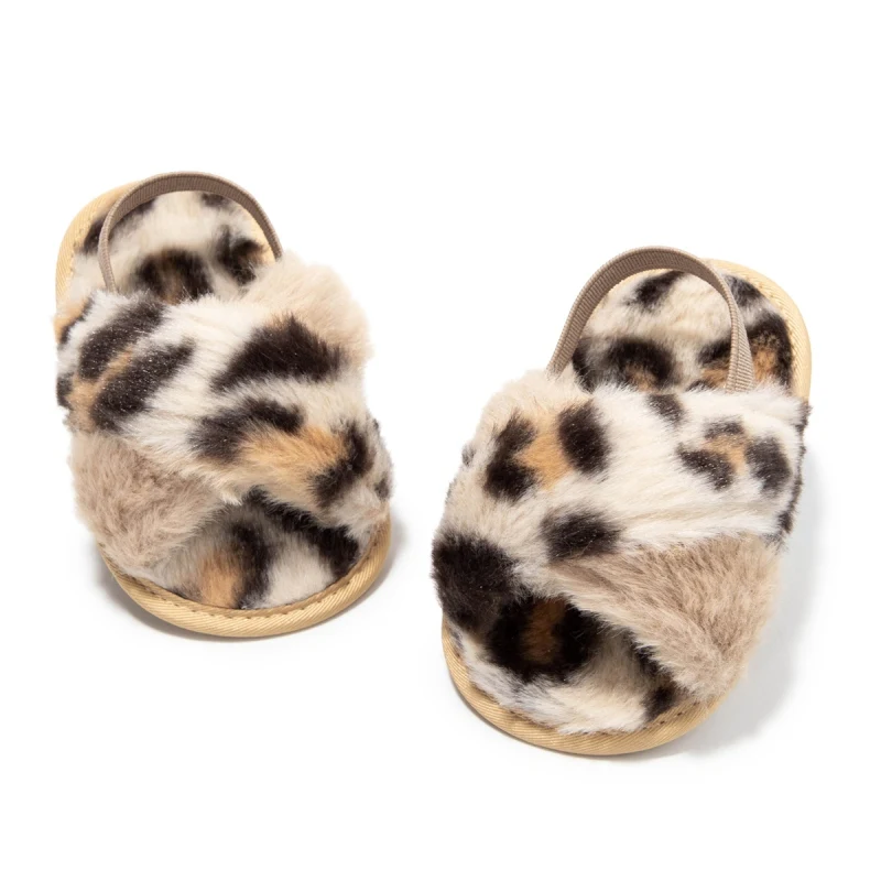 Baywell Baby Girls Leopard Plush Sandals Faux Fur Slides Sandals Newborn Non-Slip Shoes Indoor Outdoor Infant Slippers 0-18M 1