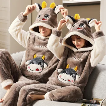 

Winter Women Sleepwear Flannel Thicken Unisex Adult Pajama Sets Cartoon Cute Pyjamas Hooded Warm Nightwear Men Women Homewear
