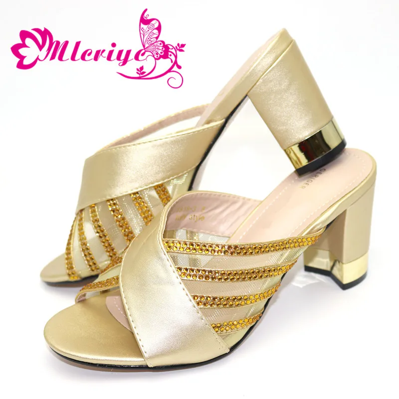 

New Gold Color African Wedding Shoes Pointed Toe Office Ladies Work Sandals Shoes Party Wedding Shoes Decorated with Rhinestones