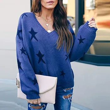 

Womens Fashion Long Sleeve Star Print V-neck Sweater Ladies Casual Pullover Tops Loose Comfortable Wear Mujer Sueteres #3