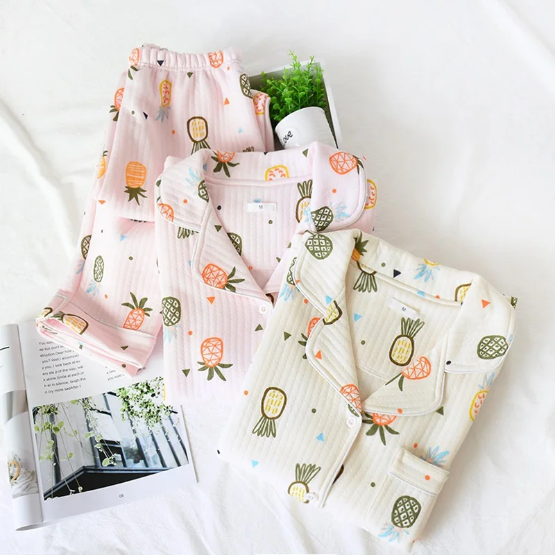 

New Style Winter Women's Thick Tracksuit Pure Cotton Air Layer Pajamas Korean-style Large Size Long Sleeve Pajamas