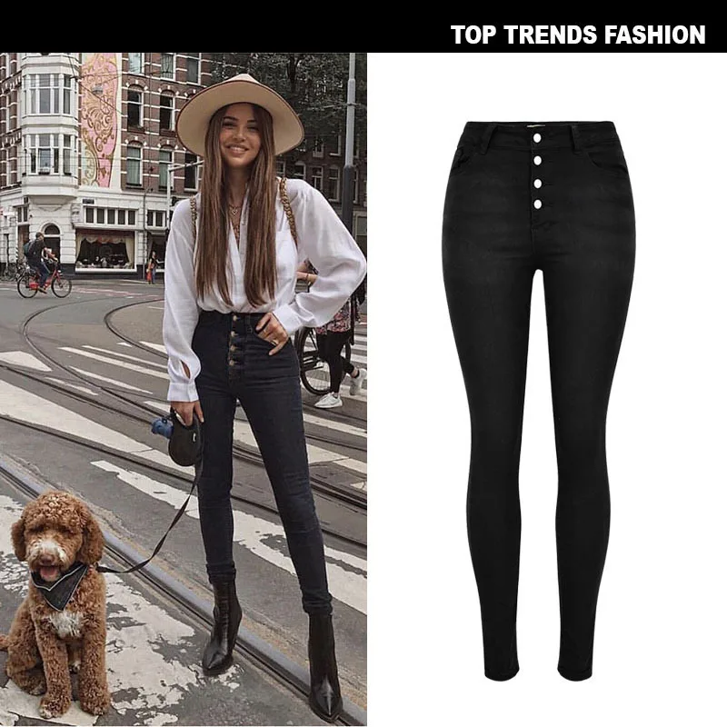 

European and American Women's Wear High Elasticity waist jeans Pure black street fashion Autumn and winter new jeans Big size