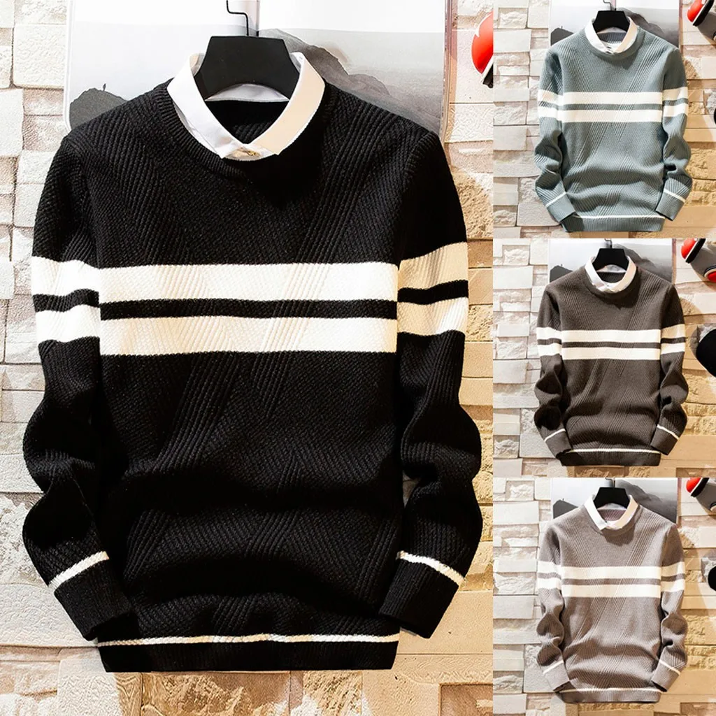 Men's New Autumn Winter Casual Long Sleeve Knitting Sweaters Tops Crocheted Striped Knitted Sweater Men Pullover Clothes 10.25
