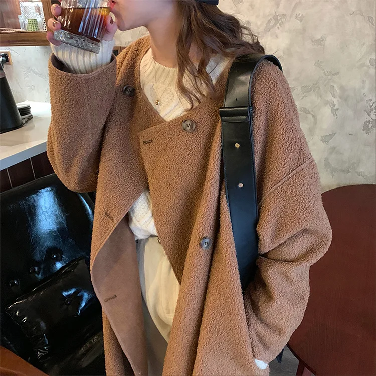 Женское пальто с плюшевым мишкой Abrigos Mujer Elegante, корейское пальто, одноцветное, длинное, двубортное, с широкой талией, пальто и куртки для женщин