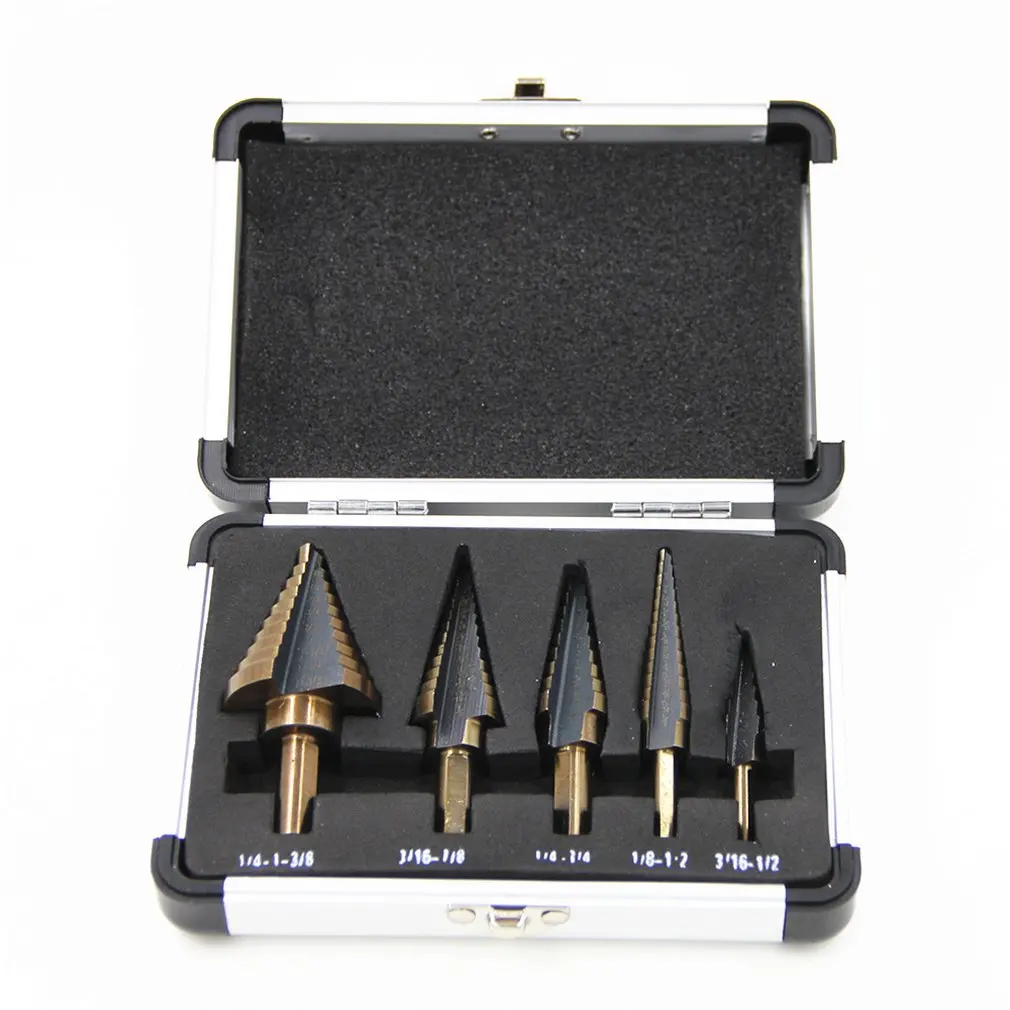 5pc Aluminum Box Inch Roast Yellow Hair Black Triangle Handle High Speed Steel Step Drill Pagoda Drill Set
