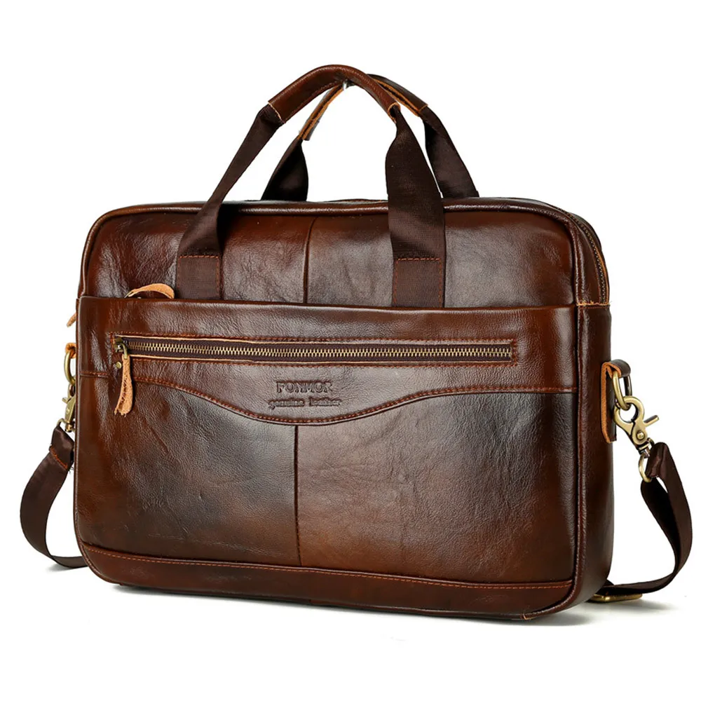 Fonmor Genuine Leather 15.6" Laptop Briefcase For Men Messenger Shoulder Bags Male Business Brown Crossbady Bag High Quality New - Цвет: Коричневый