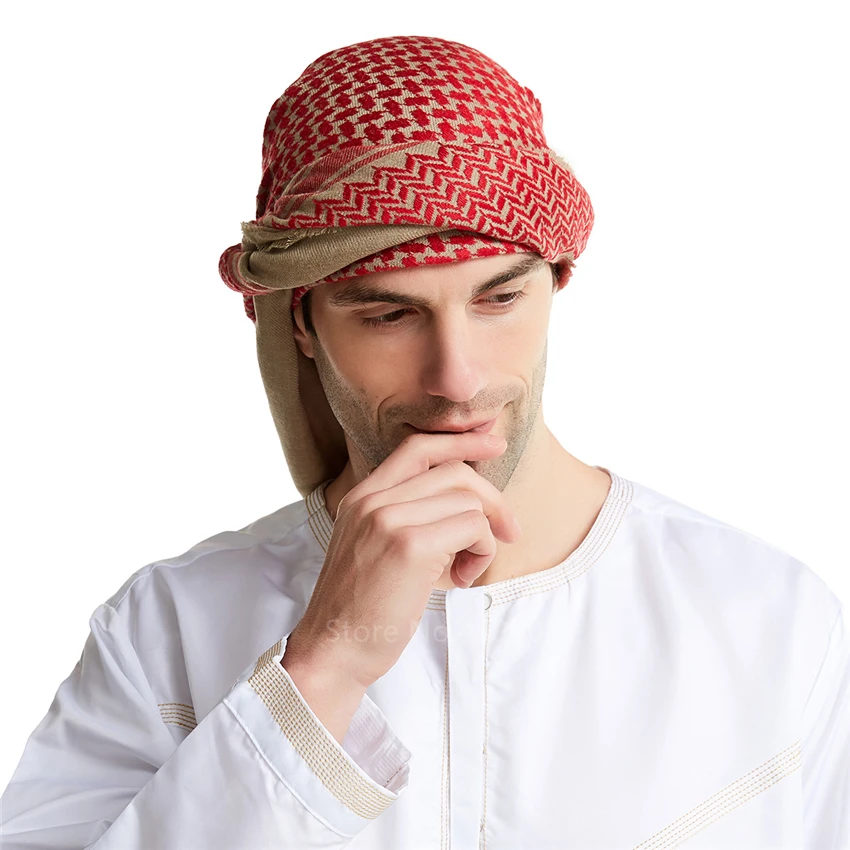 Arabic Saudi Dubai Muslim Man Hat Islamic Printed Plaid Prayer Turban Wool Cotton Muslim Scarf Traditional 140*140CM Caps