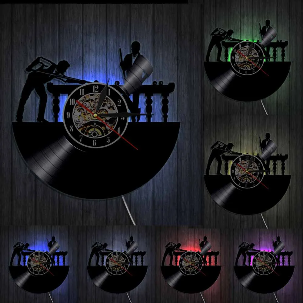 Tanie Bilard Player znak ścienny spersonalizowany zegar ścienny unikalny basen snooker Room Decor płyta winylowa zegar człowiek jaskinia prezent