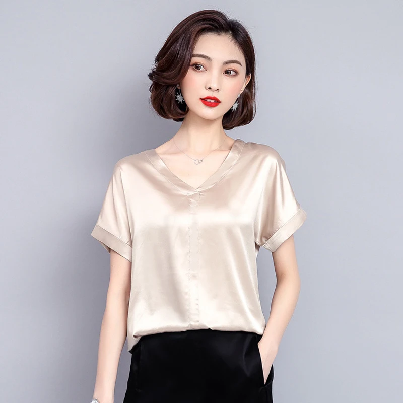 2019 модная женская Повседневная рубашка с коротким рукавом шелковая в стиле