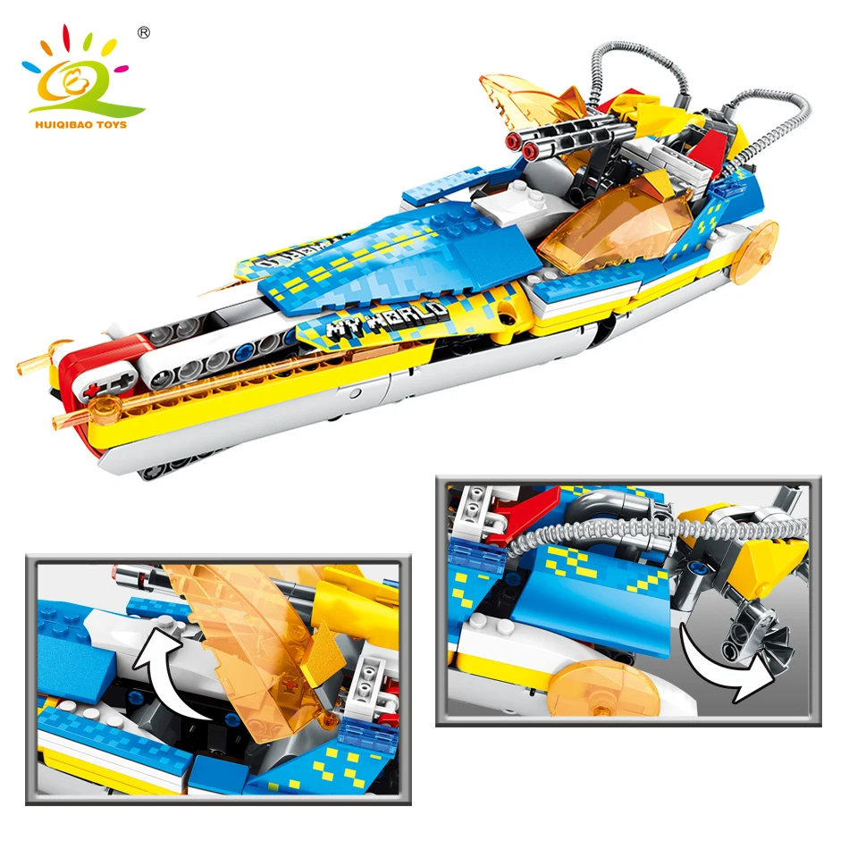 

HUIQIBAO TOYS 391pcs My world Pull back Ship Building Blocks For children Legoingly Technics City Speedboat with Figure Bricks