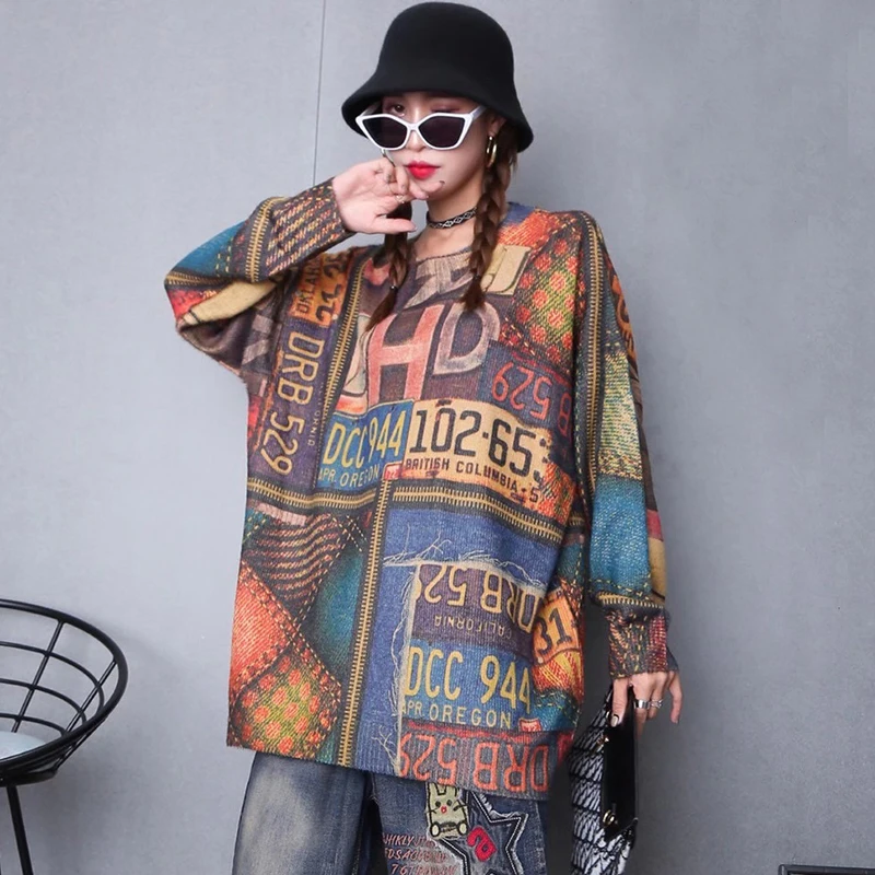 

Vintage Printing Sweater Women Clothes 2020 Fashion Oversized Imitated Mink Wool Retro Female Warm All-match Loose Sweater
