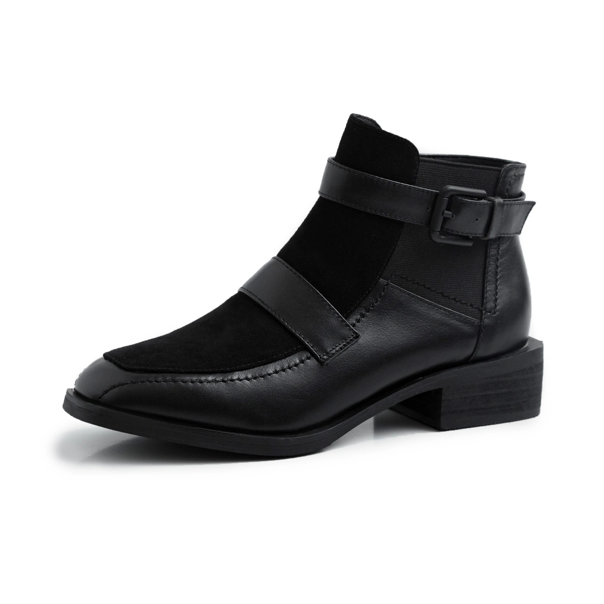 black cowhide MORAZORA/ Популярные пикантные ботильоны с леопардовым принтом; сезон осень-зима; женские ботинки для отдыха из натуральной кожи на среднем квадратном каблуке с пряжкой - Цвет: black cowhide