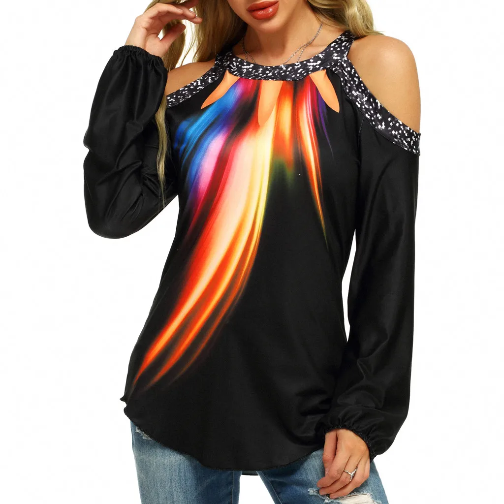 

Plus Size T Shirt Women Cold Shoulder Tops Sexy Tshirt Print Long Sleeve Shirt Women Clothes 2020 Tee Shirt Femme Ropa Mujer