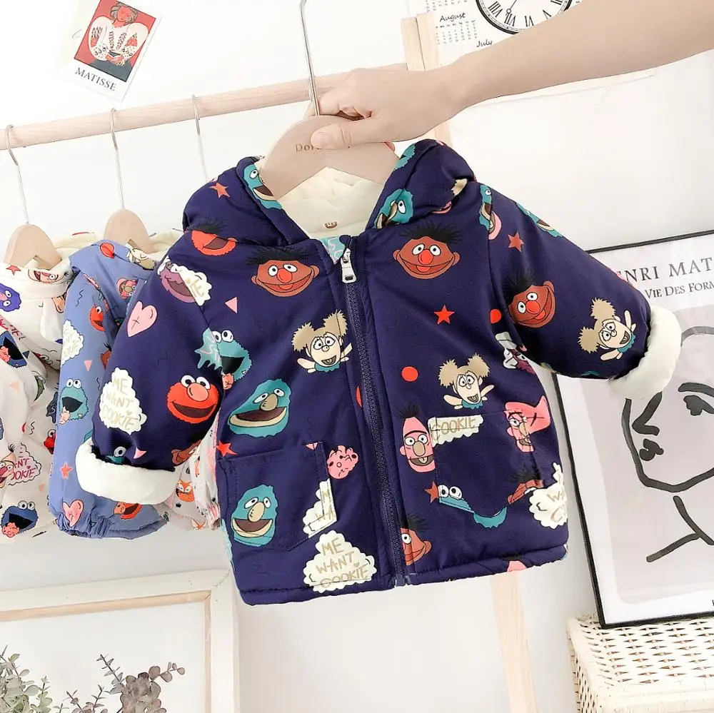Новое пальто для детей 2-6 лет, зимняя куртка с капюшоном и милым принтом в Корейском стиле для маленьких мальчиков и девочек, утепленная хлопковая куртка с плюшевой подкладкой - Цвет: Тёмно-синий