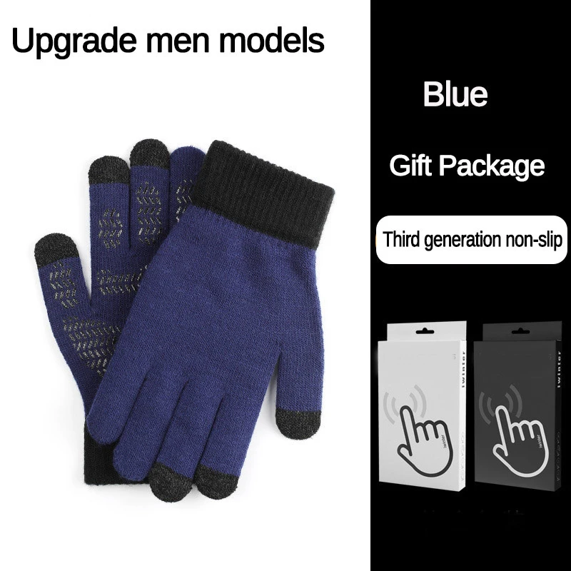 Blue Men Осень-зима, вязаные перчатки с сенсорным экраном, высокое качество, мужские варежки, утолщенные, теплые, шерстяные, кашемировые, однотонные, для женщин, мужчин, деловые перчатки - Цвет: Blue Men