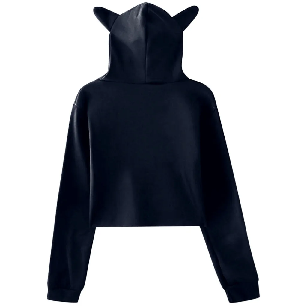 Милые свитшоты с кошачьими ушками женские короткие толстовки sudadera осенние женские пушистые шляпы с капюшоном пуловер Черный Белый kpop
