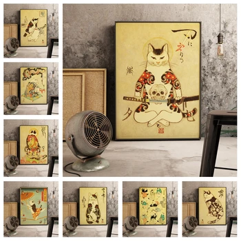 

Japanese floating decorative samurai cat retro style home wall decoration art poster canvas painting Room Decorative picture
