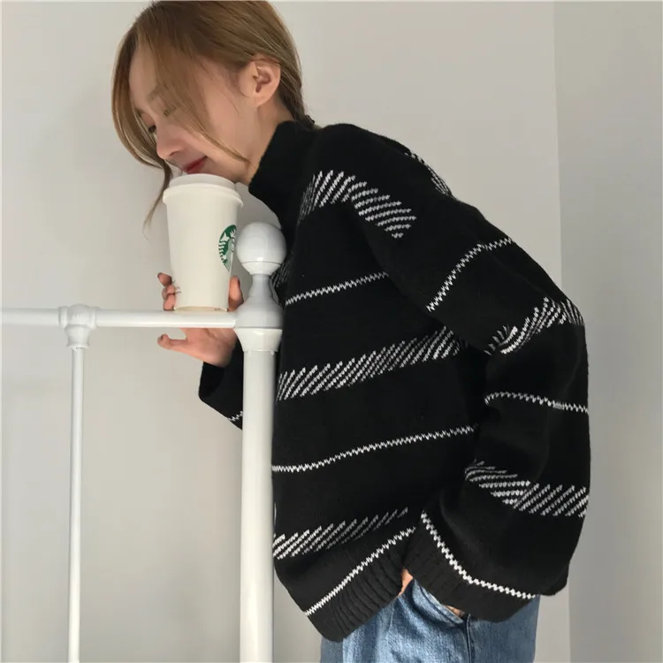 Pull Femme, свитер с высоким воротом, Черный Полосатый Белый Женский пуловер, Джерси, Женская Повседневная зимняя одежда, Harajuku,, осенняя вязанная