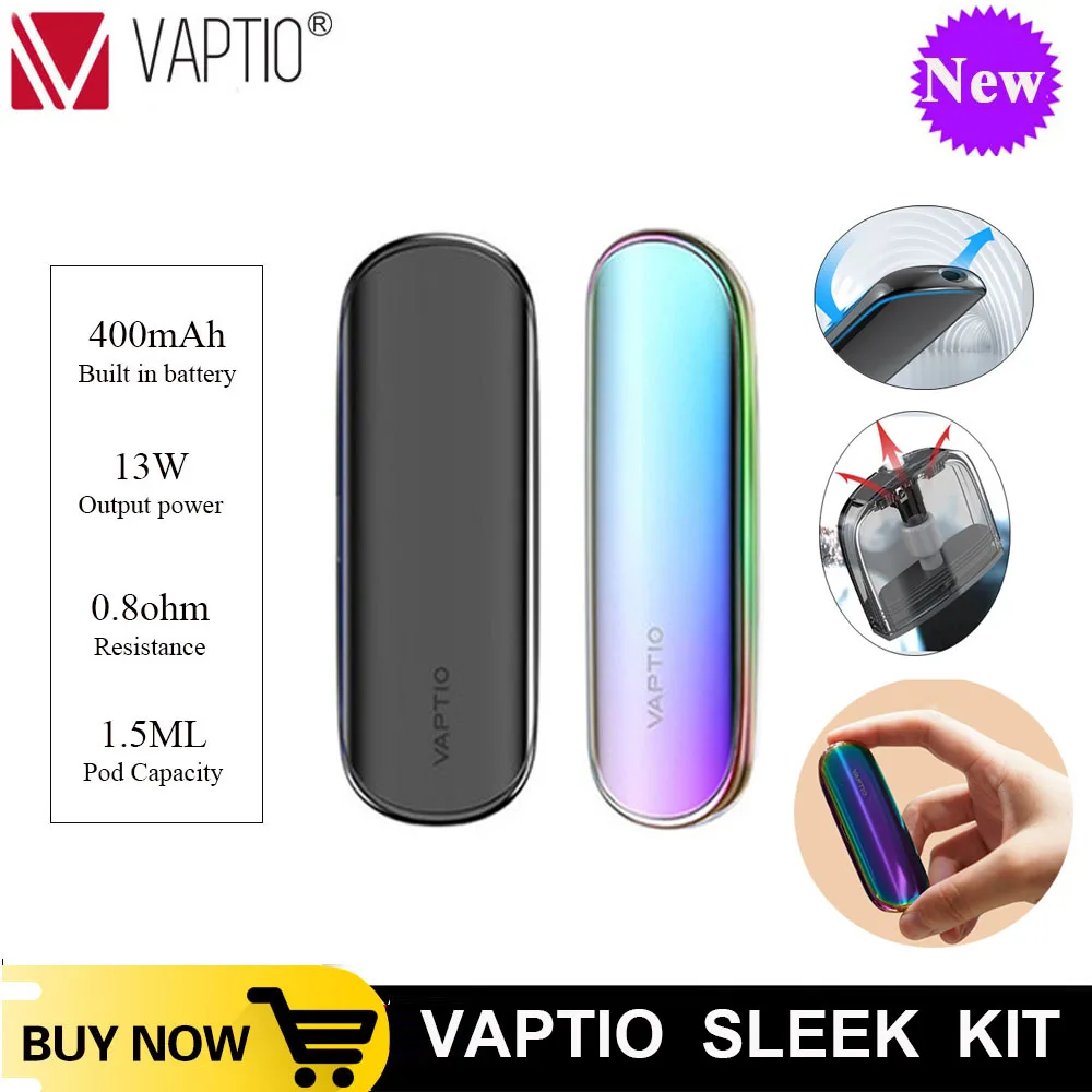 

NEW Electronic Cigarettes Vaptio SLEEK kit Pod system 400mah built in battery Vape kit 1.5ml compact pod vaping device 13W vape