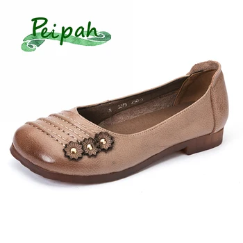 

PEIPAH Brand 2020 Genuine Leather Shallow Ballet Flats Ladies Slip-On Floral Shoes Woman Casual Retro Loafers Summer Footwear