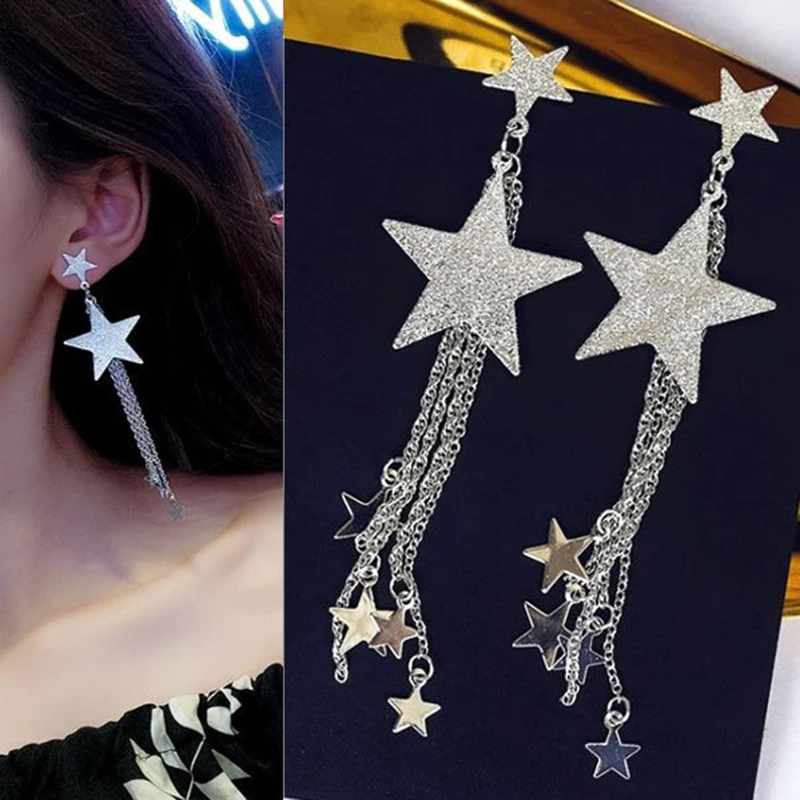 Fashion Creative Fancy Original Metal Tassel Earring Star Earrings Hanging Women Hoop Long Earrings Girls Jewelry Gift