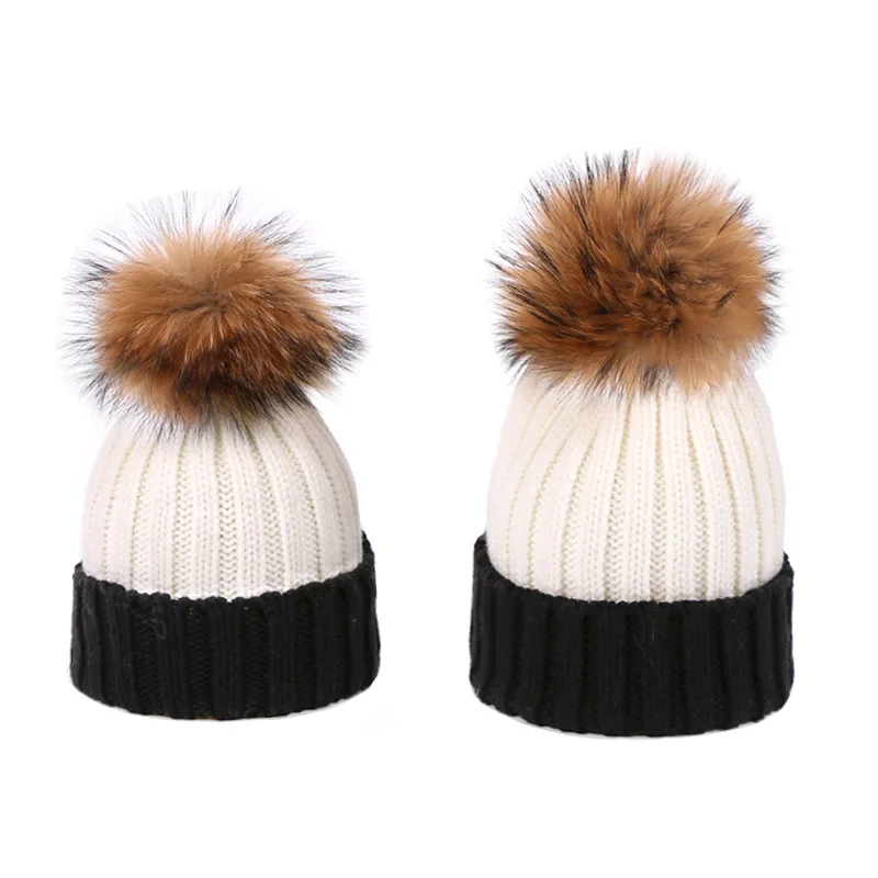 

New Knitted Hat Real Fur Pompon Beanie For Women Children Warm Winter Hats Casual Cuffed Bonnet Pompom Caps Autumn Girl Ski Cap