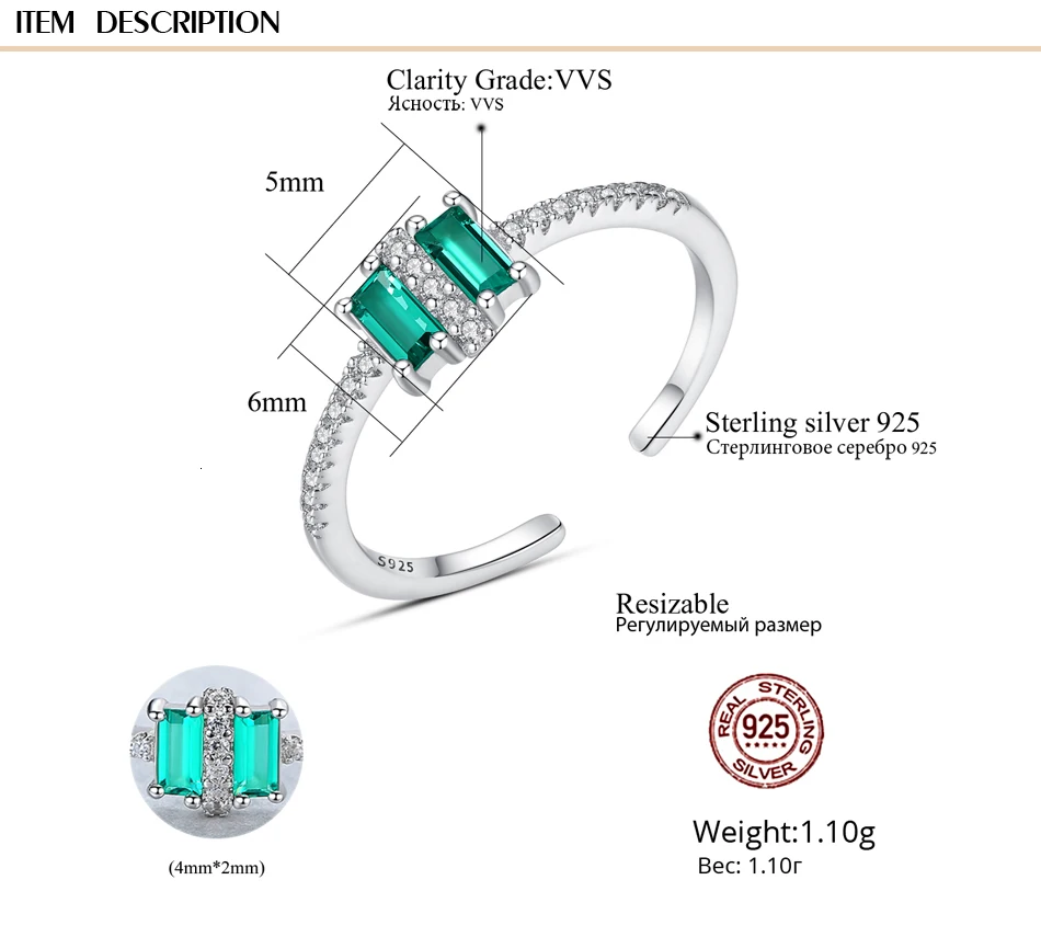 CZCITY Настоящее серебро 925 пробы, квадратные кольца с зеленым топазом для женщин с микро Фианитами, Открытое кольцо, хорошее ювелирное изделие, подарки SR0311