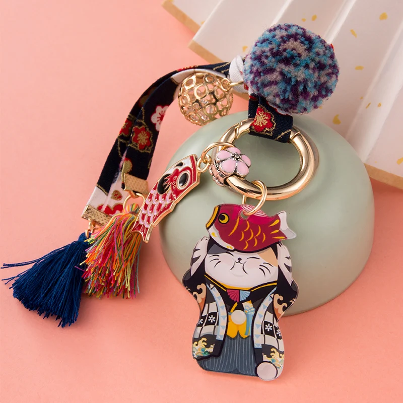 Lucky Cat Keychain Pendant Hand Strap Creative Car Cute Female School Bag Accessories Ring Ornaments Cartoon Couple Key Lanyard