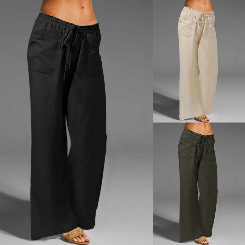 

Wide Leg Pants Womens Vintage Linen Trousers Casual Loose Long Palazzo Celmia Autumn Solid Plus Size Pantalon Femme Pocket Pants