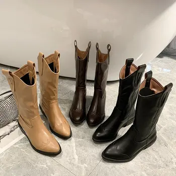 

Knights' boots women's new autumn winter 2020 net red pointed thick heel British slim medium boots Western Cowboy Boots