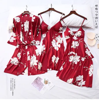 

Floral Print Women Pajamas Set Satin Silky 4PCS Sleepwear Casual Kimono Gown Female Nightwear Summer New Home Clothing