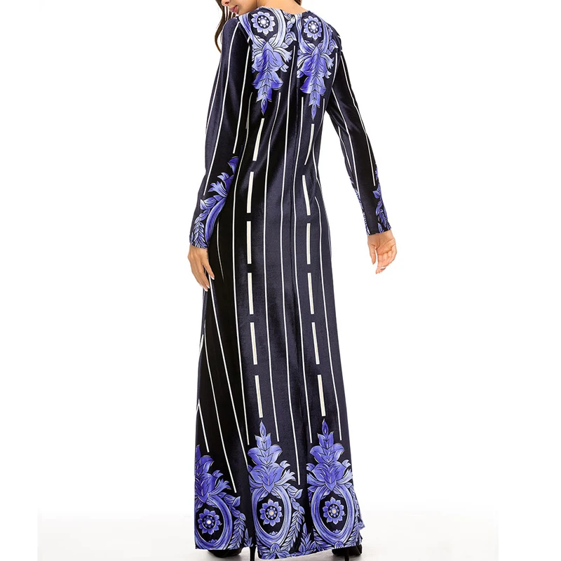 MISSJOY Vestido terciopelo пакистанское бархатное платье Дубай Абая Катара ОАЭ турецкое женское Полосатое исламское синее платье с длинным рукавом