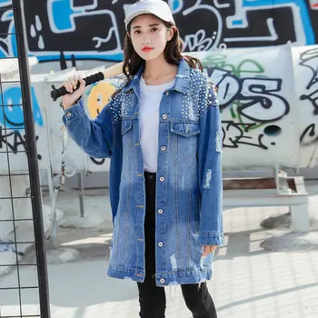 

Fashion Loose Beading Hole Washed Long Denim Jeans Jacket Women Chaqueta Mujer Streetwear Autumn Long Coat Female Embellished