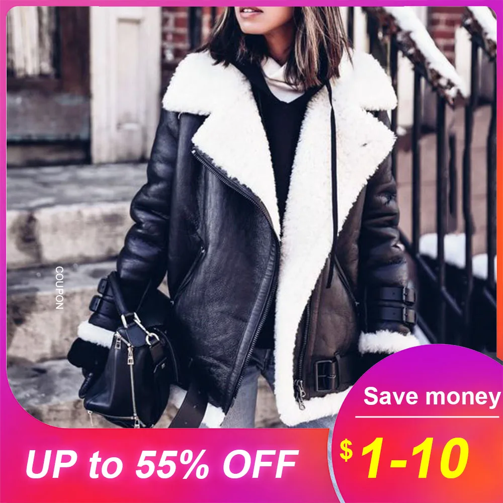 

Winter 2019 Warmness XXL Fur locomotive leather Black Women Jackets Autumn Casual Oversize Boyfriend Jackets Street Wear Coats