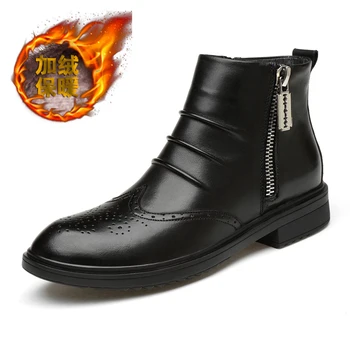 

Winter Warm Men Boots Fashion Brogue Style Dress Boots For Men Genuine Leather Man Zip Boots With Fur Young Casual Men Shoes