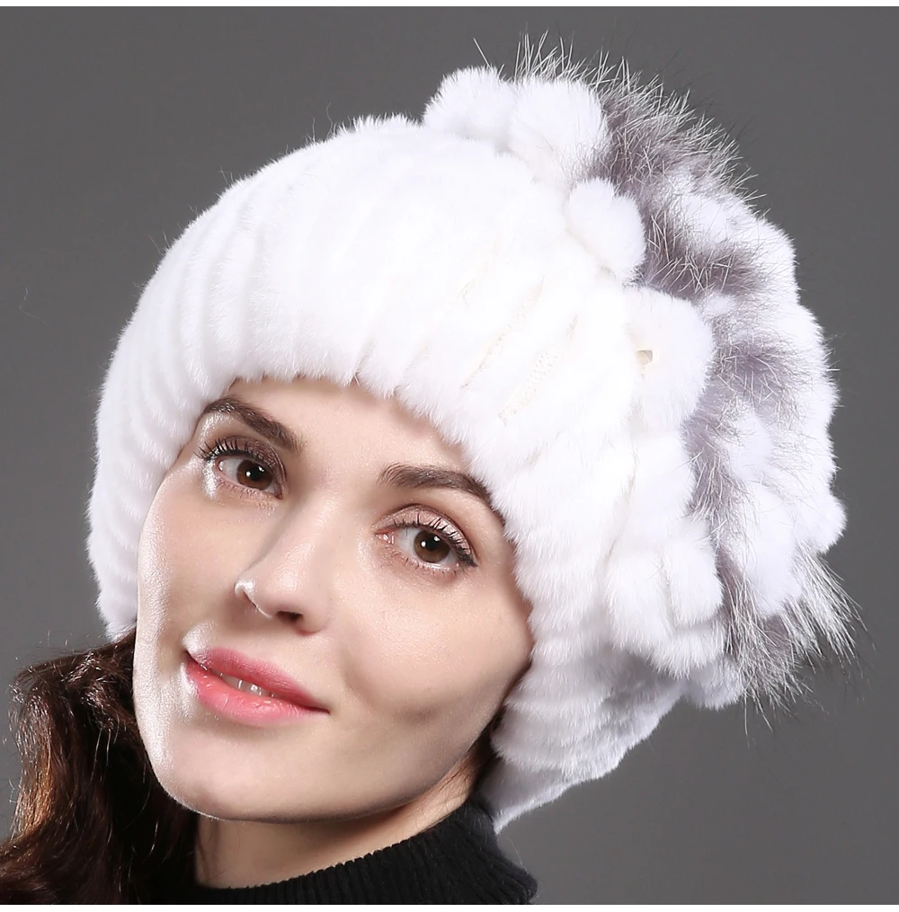 Стиль женский Настоящий мех кролика Skullies шапки Роскошные вязаные цветы натуральная шапка из меха кролика рекс зимние натуральный мех шапочки