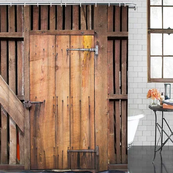 

Retro Wood Door Painting Waterproof Polyester Fabric Shower Curtain Home Decoration Bathroom Shower Curtain
